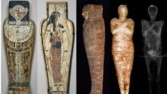 Imagem mostrando digitalizações e visualizações da múmia e do invólucro