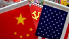 us and china flags in Yiwu, China