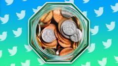 An illustration of a tip jar filled with pound sterling coins is seen from a top-down view, against a birght green-blue background filled with Twitter logos