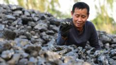 Un hombre en un patio de carbón en Hanoi.