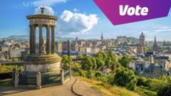 edinburgh skyline on a sunny day with text that reads 'vote' in the top right hand corner