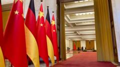 German and Chinese national flags are seen outside the Great Hall of the People during German Chancellor Olaf Scholz's visit to Beijing on November 4, 2022