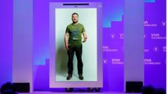 Ukrainian President Volodymyr Zelensky delivers a speech in a 3D hologram projection, at the Viva Technology conference dedicated to innovation and startups, at Porte de Versailles exhibition center in Paris, France June 16, 2022.