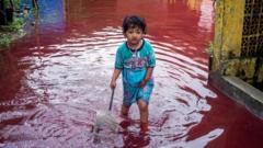 A girl walks through a flooded road with red water due to the dye-waste from cloth factories, in Pekalongan, Central Java province, Indonesia