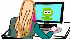 Dibujo de mujer frente a computadora hablando con robot logo de ChatGPT