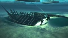 Animation of divers uncovering the wreak on the river bed