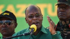 John Magufuli (C) speaks during the official launch of his party's campaign for the October general election at the Jamhuri stadium in Dodoma, Tanzania, August 29, 2020.