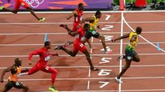 The finish line at the men's 100m at the 2012 London Olympics