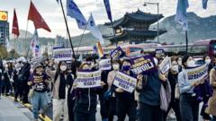 Le donne di Seul mantengono una targa di protesta per i piani del governo di abolire il Ministero della Parità di Genere