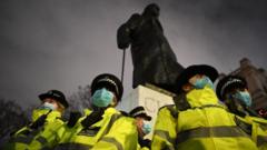 Памятник Черчиллю перед парламентом в Лондоне под охраной полиции