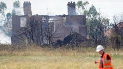A man in high-vis walks past the ruins of a house at the scene after a blaze in the village of Wennington, east London
