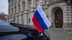 Flag on Russian diplomatic vehicle outside the Czech Foreign Ministry, Prague, 18 April 2021
