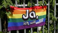 Rainbow flag in the Swiss capital Bern urging people to vote yes to same-sex marriage