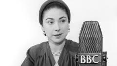 Dame Margot Fonteyn in front of a BBC microphone