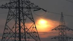 Electricity pylons at sunrise in Delhi, India.