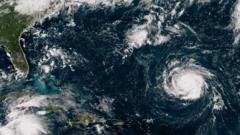 Hurricane Florence as it travels west and gains strength in the Atlantic Ocean southeast of Bermuda on September 10, 2018