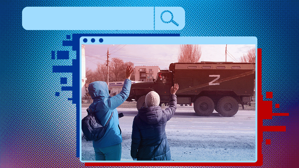 Graphic that includes an image showing people waving at a Russian military vehicle in annexed Crimea