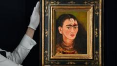 An auction house staff member carries Frida Kahlo's painting 'Diego y Yo'
