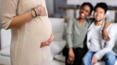 A couple looking at a surrogate mother who's touching her baby bump