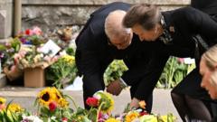 Prince Andrew and Princess Anne look at floral tributes in Balmoral