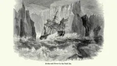 Getty Images A drawing of the two ships - Erebus in the centre foreground and Terror obscured in the background, in a rough sea surrounded by huge glaciers