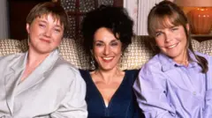 Pauline Quirke as Sharon Theodopolopodous, Lesley Joseph as Dorien Green and Linda Robson as Tracey Stubbs in series two of Birds of a Feather