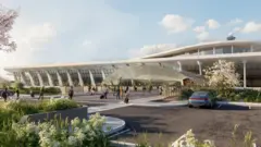 An AI generated image of Dulles airport with a car parked and greenery.