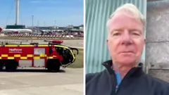 A composite of a Heathrow fire and rescue truck on a runway and Edward Killiwick