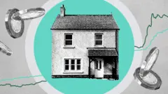 A visualisation of a house, backdropped by a turquoise circle. A line chart runs behind it and it's surrounded by pound coins. 
