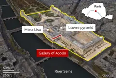 An illustration showing the position of the Gallery of Apollo as it relates to the rest of the Louvre, overlooking the River Seine