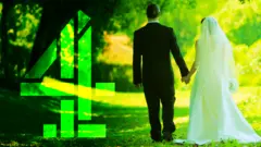 A groom dressed in a dark suit and a bride dressed in white walk hand in hand along a sunlit grassy path, surrounded by tall green trees. Bright sunlight filters through the leaves. A large green Channel 4 logo sits to the left.