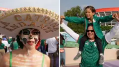 Split screen. Left, female with "La Catrina" costume. Right, male with boy on his sholders.