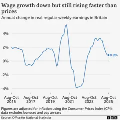 A line chart showing annual change in regular pay in Great Britain adjusted for CPI inflation, from August to October 2015 to 2025. Figures exclude bonuses and pay arrears, and account for seasonal variation. In the year to August to October 2015, real wages rose by 2.0%, and then fluctuated between positive and negative growth before hitting a high of 5.3% in mid-2021. It then hit a low of -3.9% in mid-2022, before rising again to 3.3% in April to June 2024. It has fallen since then, reaching 0.9% in August to October 2025. The source is the Office for National Statistics.