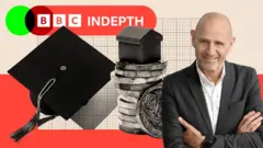 Evan Davis on the right of shot with a graduation hat on the left and a pile of £1 coins with a monopoly style house on the top on the right