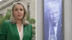 On the left, Sarah Smith in a green blazer. On the right, Donald Trump's face on a banner hanging ouside a building.