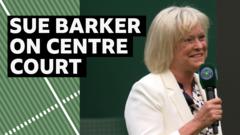 Sue-prise! Barker comes out on Centre Court to speak to Murray