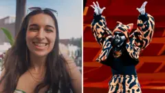 Left, a woman smiles at the camera. Right, the Greek entry dances.