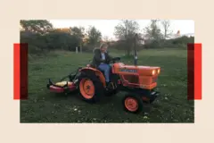 Martha on a small orange tractor