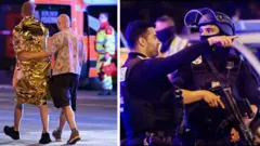 A composite image of police in bullet proof vests with guns, one is wearing a helmet. There are two men walking, one comforting another in a foil blanket
