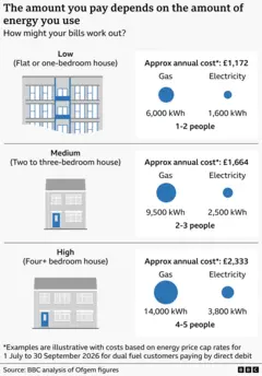 Graphic explaining how household energy bills vary by usage level. It shows three example household types with estimated annual costs and energy use based on the new typical household energy consumption values, which will be used from July. Low usage (flat or one‑bedroom home): around £1,172 per year, based on about 6,000 kWh of gas and 1,600 kWh of electricity, for one to two people. Medium usage (two to three‑bedroom home): around £1,664 per year, based on about 9,500 kWh of gas and 2,500 kWh of electricity, for two to three people. High usage (four‑plus bedroom home): around £2,333 per year, based on about 14,000 kWh of gas and 3,800 kWh of electricity, for four to five people. The graphic emphasises that costs increase with higher energy use. Figures are illustrative and based on price cap rates for July to September 2026. Source: BBC analysis of Ofgem data.