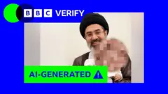 An AI-generated image of Mojtaba Khamenei, Iran's Supreme Leader, holding a baby. The baby's face is pixelated. There is blue and green BBC Verify branding on the top left.