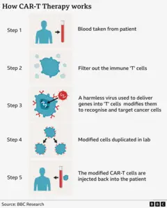 A graphic label: How CAR-T therapy works. It shows five illustrated steps of treatment starting with a vial of blood and then several images of blue cells.