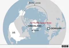 Map of the circle of the article and places of the Pituffik space base in northern Greenland, the capital of NUK on the Southern Bank. The US and Denmark can also be seen.