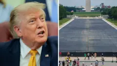 Split screen. Left, Donald Trump. Right, Reflecting Pool with no water.