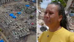 Split screen image showing an aerial view of a flattened apartment building and a woman in yellow looking distraught.