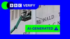 A crane removing the word "Donald" from the front of the Kennedy Center in Washington DC with an "AI-generated" over it.