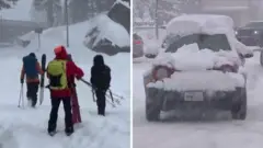 plitscreen. Left, rescuers begin their hike. Right, a car covered in snow.