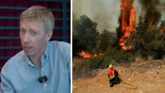composite image showing BBC reporter wearing blue shirt on the left and firefighter in front of trees on fire on the right