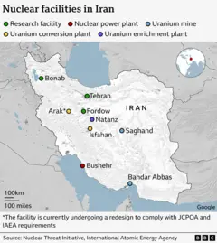 A map with a color card that shows different types of nuclear facilities in Iran, including research institutions, uranium mines and conversion factories, as well as a nuclear power plant and a uranium enrichment plant.