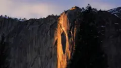 Sunlight hitting Yosemite's El Capitan waterfall.